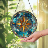 Compass Rose Stained Glass Suncatcher, Round Nautical Window Panel, Ocean Blue Windrose Glass Art, Coastal Home Decor Gift